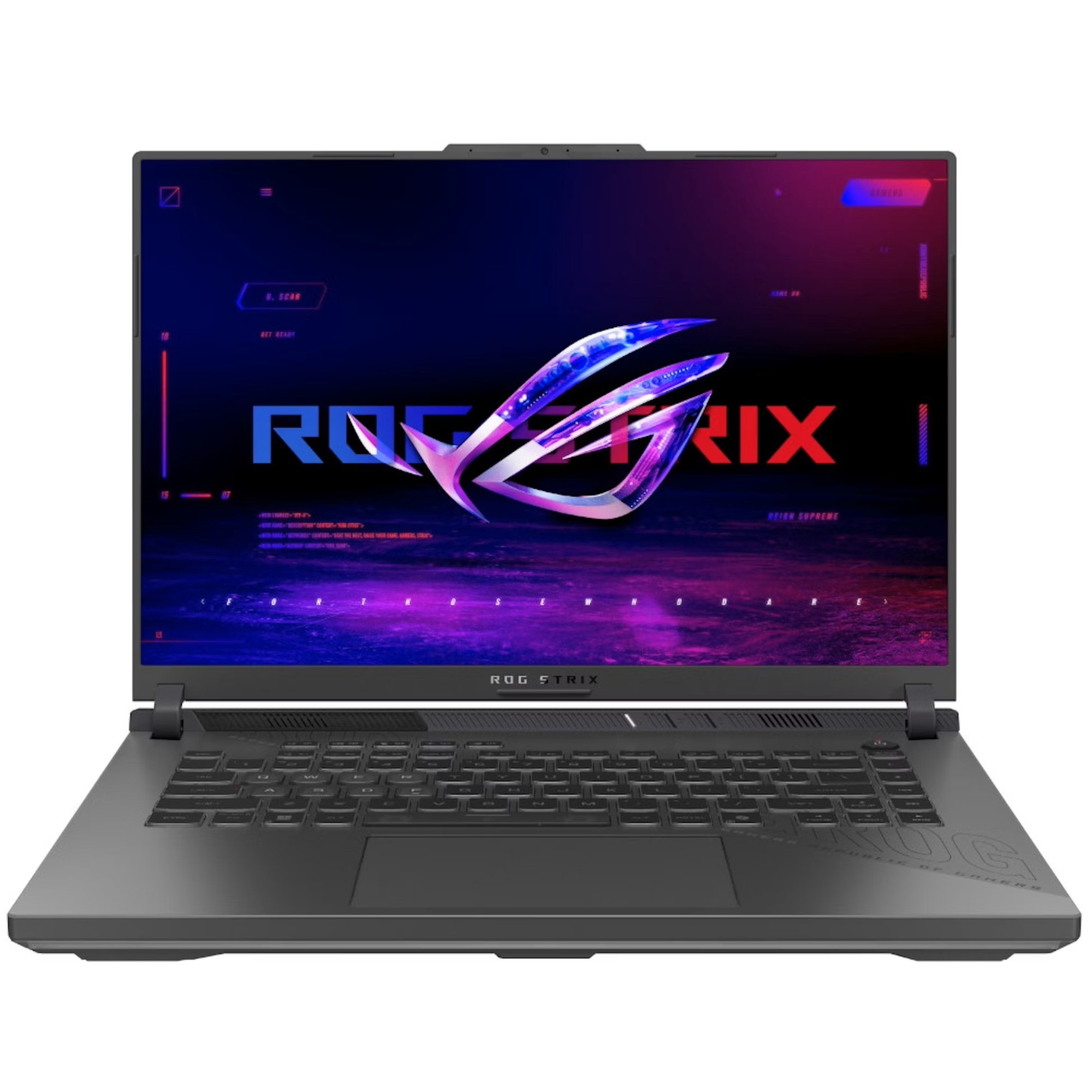 ASUS ROG Strix G16 gaming laptop with a sleek black chassis, 16-inch WUXGA display, NVIDIA RTX 5070 Ti graphics, and illuminated ROG logo on the screen.