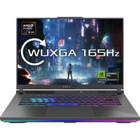 ASUS ROG Strix G16 laptop with RGB keyboard, thin bezels, and vibrant display showing a futuristic cityscape.