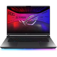 ASUS ROG Strix G16 laptop with RGB keyboard, sleek black design, and vibrant display showing ROG logo and graphics.
