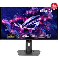 ASUS ROG Strix 26.5" black monitor, Quad HD QD-OLED display, slim bezels, illuminated stand, vibrant screen graphics