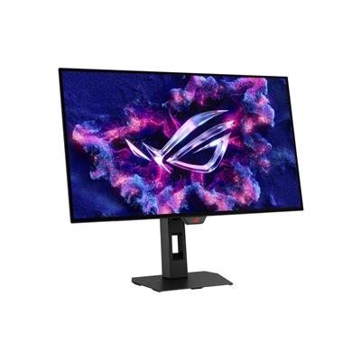ASUS ROG Strix OLED monitor with a sleek black design, 26.5-inch display, 2560 x 1440 resolution, and vibrant colors showcasing the ROG logo on a dynamic background.