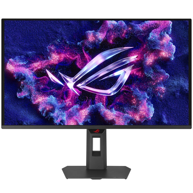 ASUS ROG Strix OLED XG27AQDNG gaming monitor features a sleek black design with a vibrant, colorful display showcasing the ROG logo against a cosmic background.