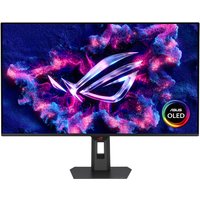 ASUS ROG Strix OLED monitor, 31.5-inch, with thin bezels, vibrant display, and ROG logo on screen.