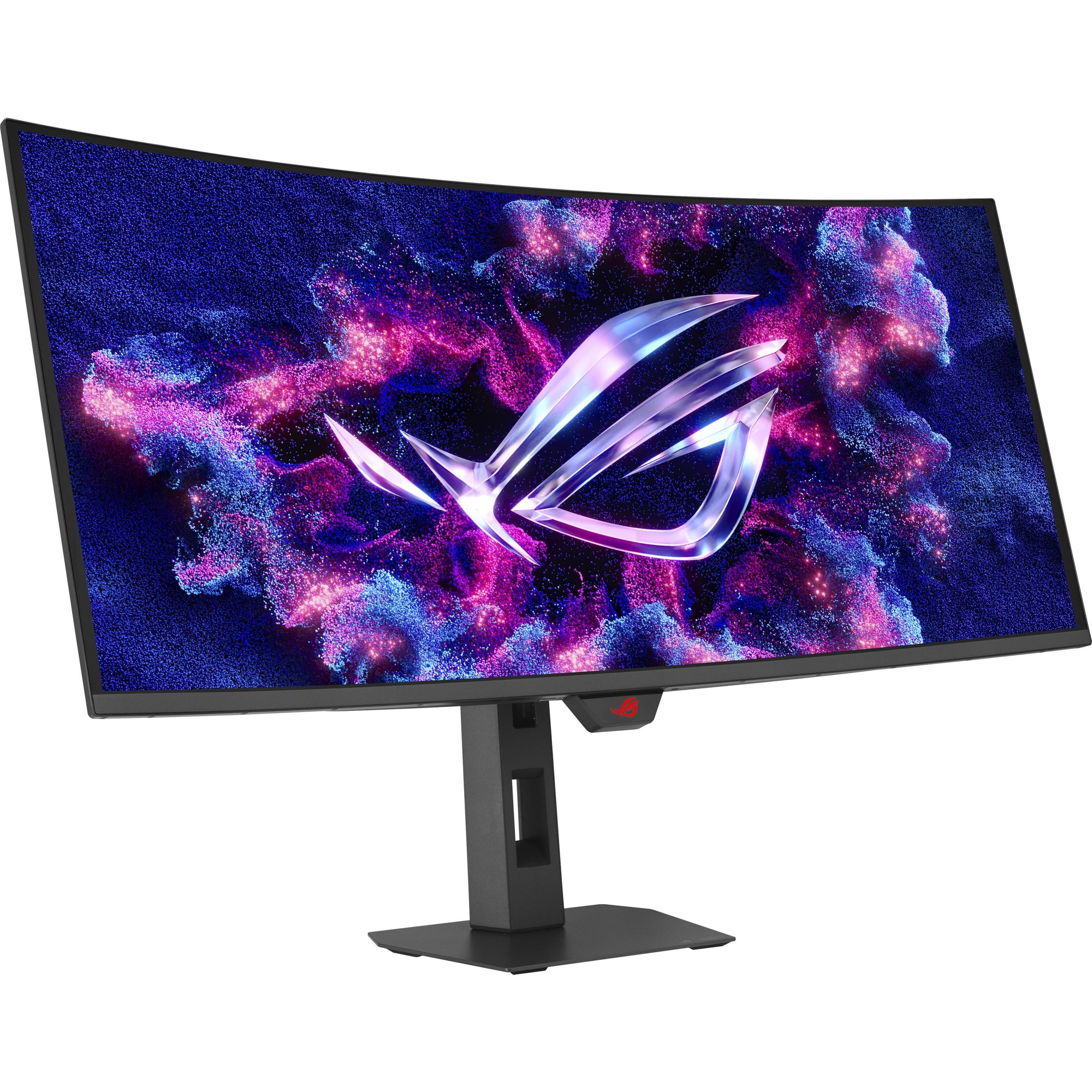 34-inch curved QD-OLED monitor in black with a sleek design, featuring vibrant colors and an illuminated ASUS ROG logo on a cosmic background.