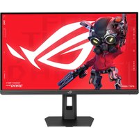 ASUS ROG Strix XG27ACMEG 27" black monitor, 2560x1440 resolution, slim bezels, sturdy stand, red graphic on screen.