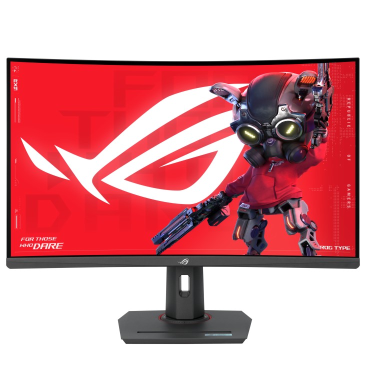 Curved 31.5-inch ASUS ROG Strix XG32WCS monitor with a sleek black frame, featuring a vibrant red background and a stylized character with goggles and weapons on the screen.