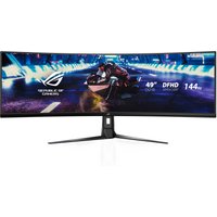 Black ASUS ROG Strix XG49VQ UltraWide 49" curved monitor with dual stand, displaying vibrant gaming graphics.