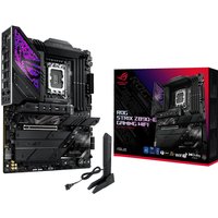 ASUS ROG STRIX Z890-E GAMING WIFI motherboard, black with RGB lighting, LGA 1851 socket, ATX form factor, box included.