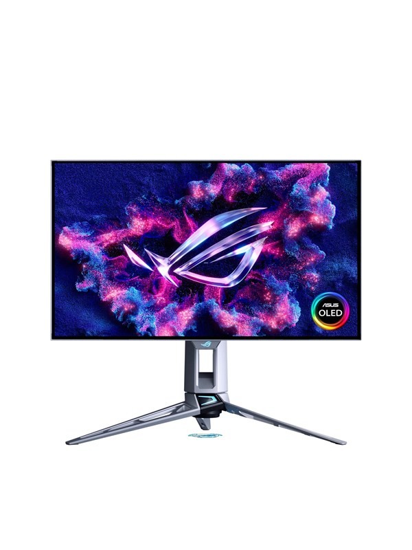 ASUS ROG Swift OLED PG27AQWP-W monitor features a sleek silver design, 26.5-inch Quad HD display, vibrant colors, and a futuristic stand with a glowing logo.