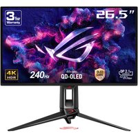 ASUS ROG Swift OLED PG27UCDM monitor, 26.5" 4K Ultra HD, black, with red accents and angular stand design.
