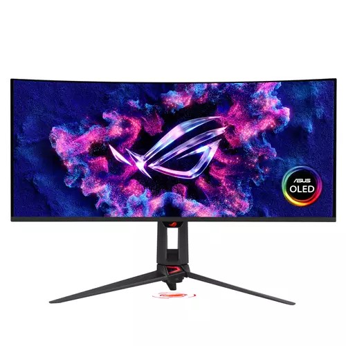 Curved 34" ASUS ROG Swift OLED monitor with a sleek black design, featuring vibrant colors and a QD-OLED display, showcasing the ROG logo on a dynamic background.