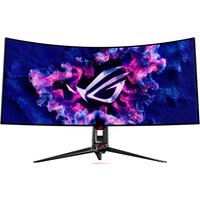 Curved ASUS ROG Swift OLED monitor, 39-inch, 3440 resolution, sleek black design with vibrant display and red accents.