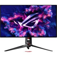 ASUS ROG Swift PG32UCDP monitor, 31.5" 4K OLED, black frame, vibrant display with ROG logo, angular stand.