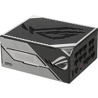 ASUS ROG black power supply unit with silver accents, ROG logo, and multiple output ports on the side.