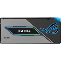 Black and silver ASUS ROG Thor 1600W gaming power supply with RGB lighting and logo design.