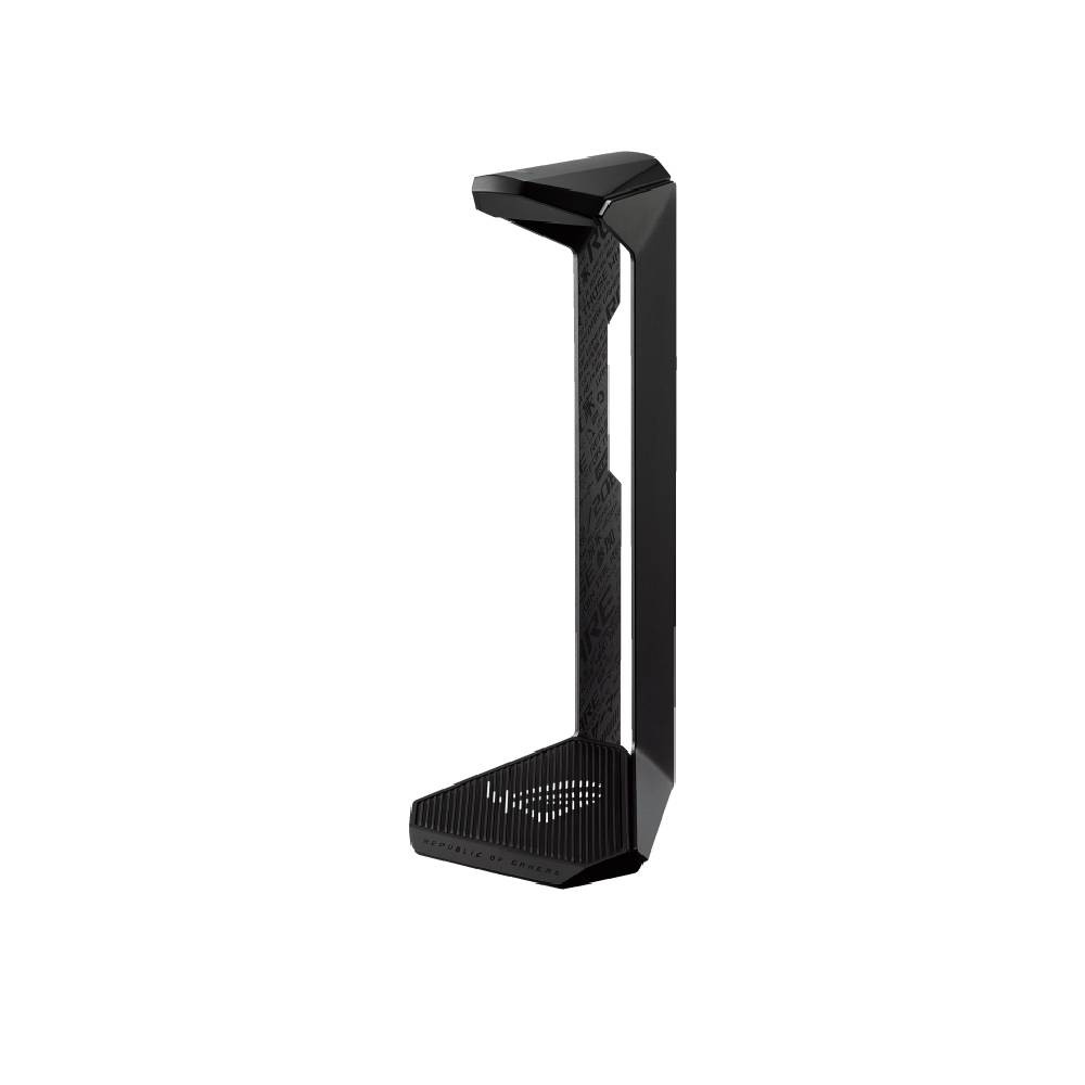 Black ASUS ROG Throne II Core Headset Stand with a sleek, angular design, featuring a textured side panel and a ventilated base for stability and airflow.