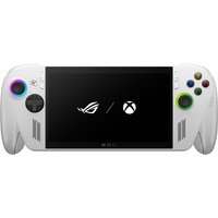 White ASUS ROG Xbox Ally handheld console with dual joysticks, colorful buttons, and a central black screen.