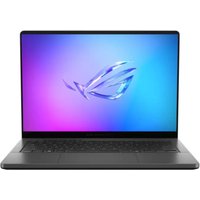 Black ASUS ROG Zephyrus gaming laptop with 14-inch screen, RGB keyboard, and sleek design displaying ROG logo on screen.