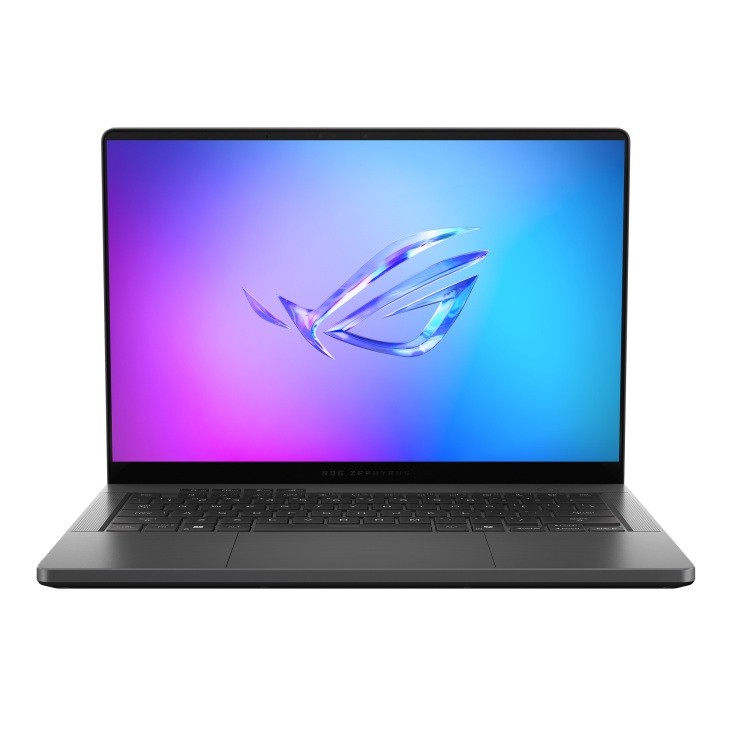 ASUS ROG Zephyrus G14 laptop with a sleek black chassis, 14-inch 3K display featuring a vibrant purple and blue gradient, and a backlit keyboard.
