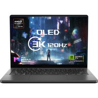 ASUS ROG Zephyrus G14 laptop with 14-inch display, black keyboard, Ryzen AI 9 HX, and NVIDIA GeForce graphics.