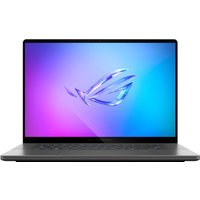 Grey ASUS ROG Zephyrus G16 laptop with 16" WQXGA display, sleek design, illuminated logo on lid, and backlit keyboard.