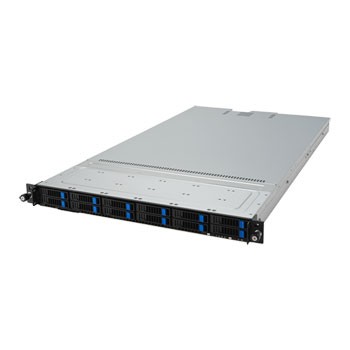 ASUS RS501A-E12-RS12U rackmount server in black and silver, featuring a 1U form factor, multiple drive bays with blue accents, and a sleek, metal chassis design.