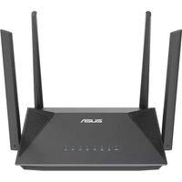 Black ASUS RT-AX52 AX1800 AiMesh router with four antennas and LED indicators on the front panel.