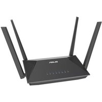 Black ASUS RT-AX52 WiFi router with four external antennas and LED indicators on the front panel.