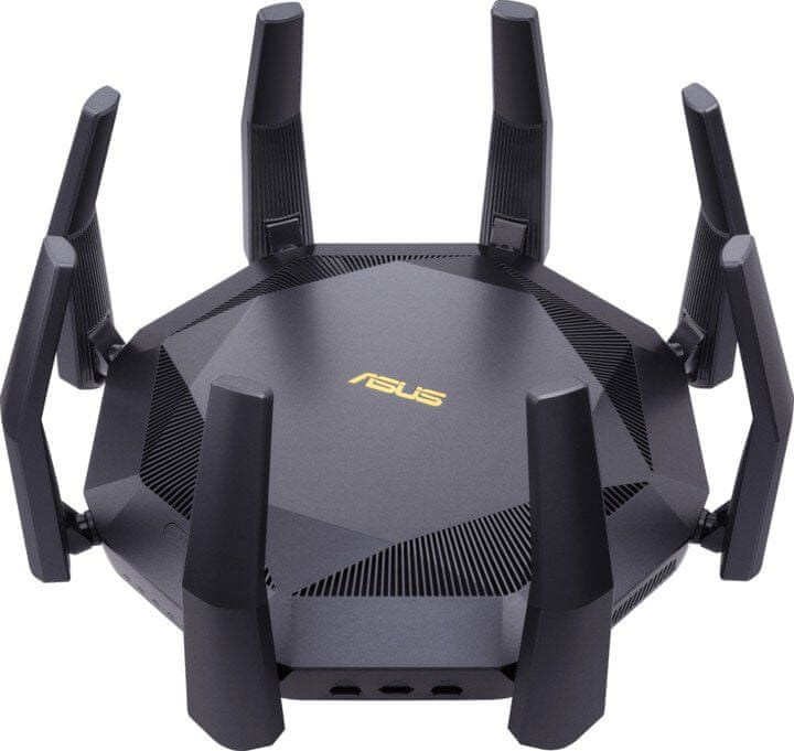 Black ASUS RT-AX89X AX6000 AiMesh wireless router with a hexagonal design and eight adjustable antennas, featuring Ethernet ports and a sleek, modern finish.