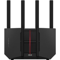 Black ASUS RT-BE92U wireless router with four antennas, tri-band support, and vertical red stripe on the front.