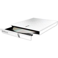 White ASUS SDRW-08D2S-U Lite optical disc drive with textured surface and open tray holding a disc