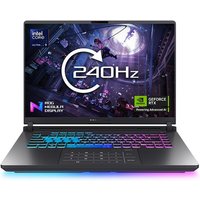 ASUS STRIX16 gaming laptop, RGB keyboard, 240Hz display, Intel Core, NVIDIA RTX graphics, sleek black design.