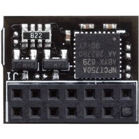 ASUS TPM-SPI 2.0 module with black circuit board, multiple chips, and a 12-pin connector.