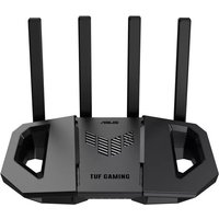 Black ASUS TUF BE3600 wireless router with four antennas and angular design, featuring TUF Gaming logo.