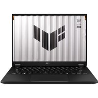 Black ASUS TUF Gaming A14 laptop with ribbed silver lid, bold TUF logo, and compact 35.6 cm display.