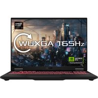 ASUS TUF Gaming A16 laptop with black chassis, red backlit keyboard, and 165Hz WUXGA display showing a futuristic cityscape.