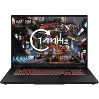 Black ASUS TUF Gaming A18 laptop with 18" display, red backlit keyboard, and 144Hz screen showing a futuristic cityscape.