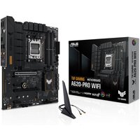 ASUS TUF GAMING A620-PRO WIFI ATX motherboard, black with heatsinks, antenna, and branded packaging.