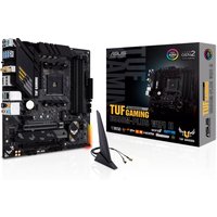ASUS TUF Gaming B550M-PLUS WIFI II micro ATX motherboard with black heatsinks, RGB lighting, and WiFi antenna.