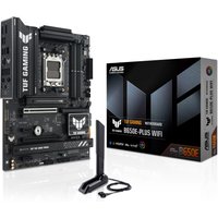 ASUS TUF GAMING B650E-PLUS WIFI motherboard, black with silver accents, includes WiFi antenna and branded packaging.
