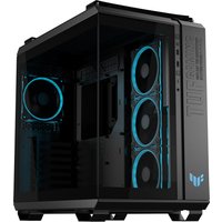 Black ASUS TUF Gaming GT502 Horizon TG ARGB Midi Tower with tempered glass panels and blue LED fans.