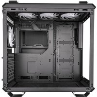 Black ASUS TUF Gaming GT502 PLUS Midi Tower with tempered glass side panel and three top-mounted cooling fans.