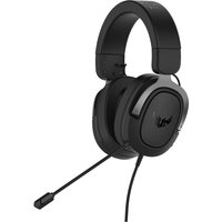 Black and grey ASUS TUF Gaming H3 headset with wired connection, cushioned headband, and adjustable boom microphone.