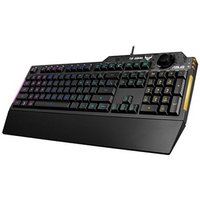ASUS TUF Gaming K1 RGB keyboard, black, USB, with customizable RGB lighting and dedicated media keys.