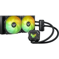 ASUS TUF GAMING LC II 240 ARGB liquid cooling kit, black, dual 12 cm fans with RGB lighting, sleek radiator design.