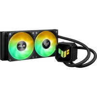 ASUS TUF Gaming LC III 240 ARGB cooler, black with dual 12 cm fans, RGB lighting, and sleek radiator design.