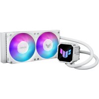 ASUS TUF white liquid cooler with dual 12 cm ARGB fans and illuminated pump head, featuring colorful LED lighting.