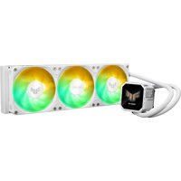ASUS TUF Gaming LC III 360 ARGB LCD White Edition with three RGB fans and a square LCD pump head.