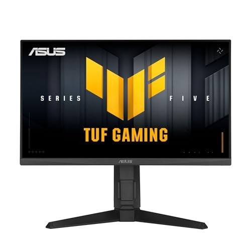 24" ASUS TUF Gaming monitor with FHD resolution, 240Hz refresh rate, 0.3ms response time, sleek black design, and a sturdy stand, featuring a vibrant yellow and black logo.