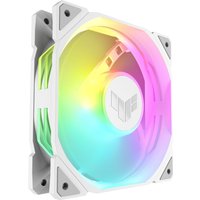 White ASUS TUF GAMING TR120 ARGB 12 cm computer case air cooler with multicolor LED lighting and TUF logo in center.
